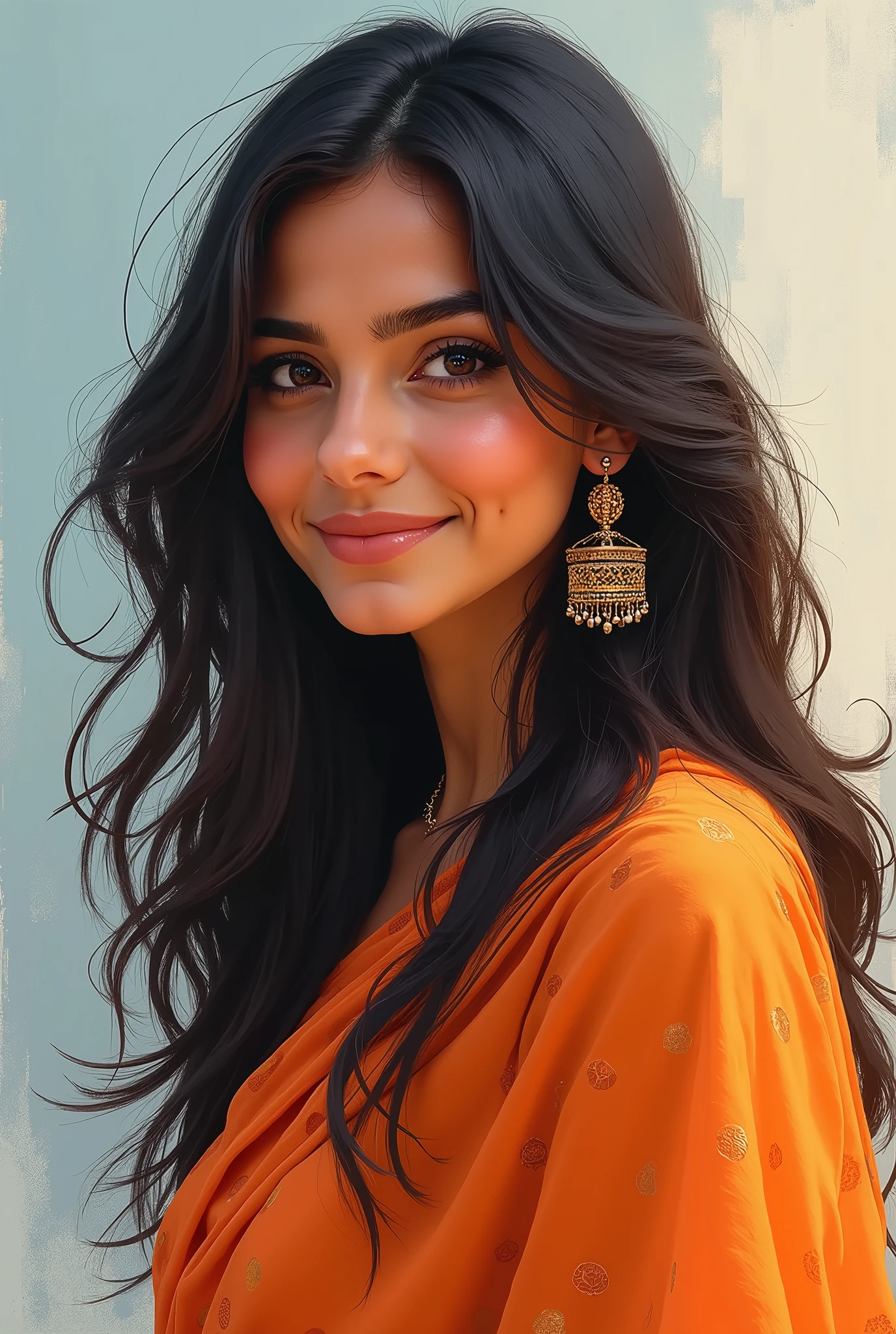 ((speedpaint) +++ Retrato de uma mulher, Indian ,pintura com faca de paleta, estilo impressionista, Brushstroke technique, Great strokes, cute, smiling