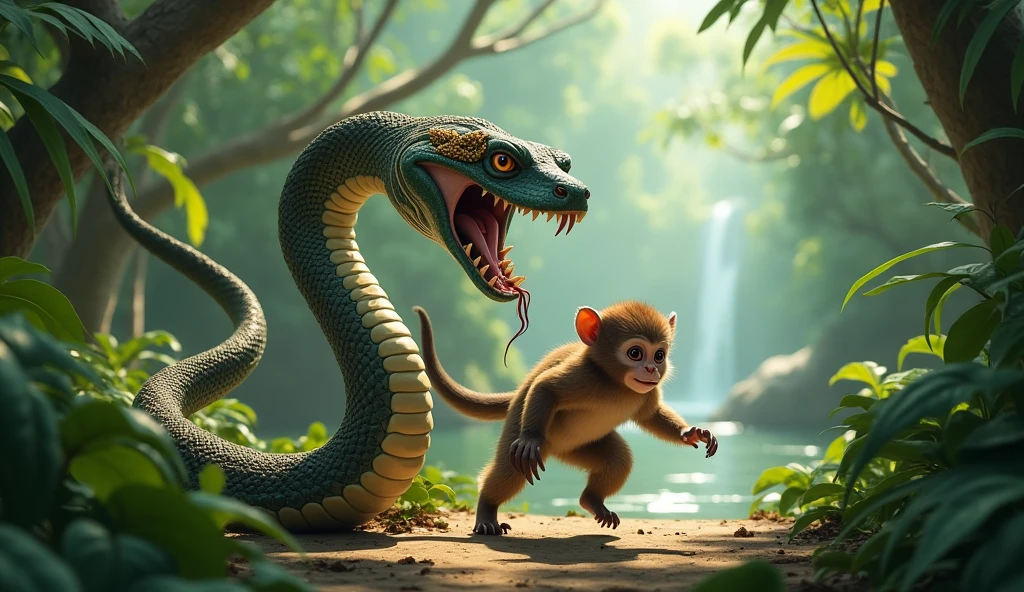 1snake, with_monkey, walking, in_jungle, realistic, midriff, tree, nature, circlet, leaf, outdoors, towards river