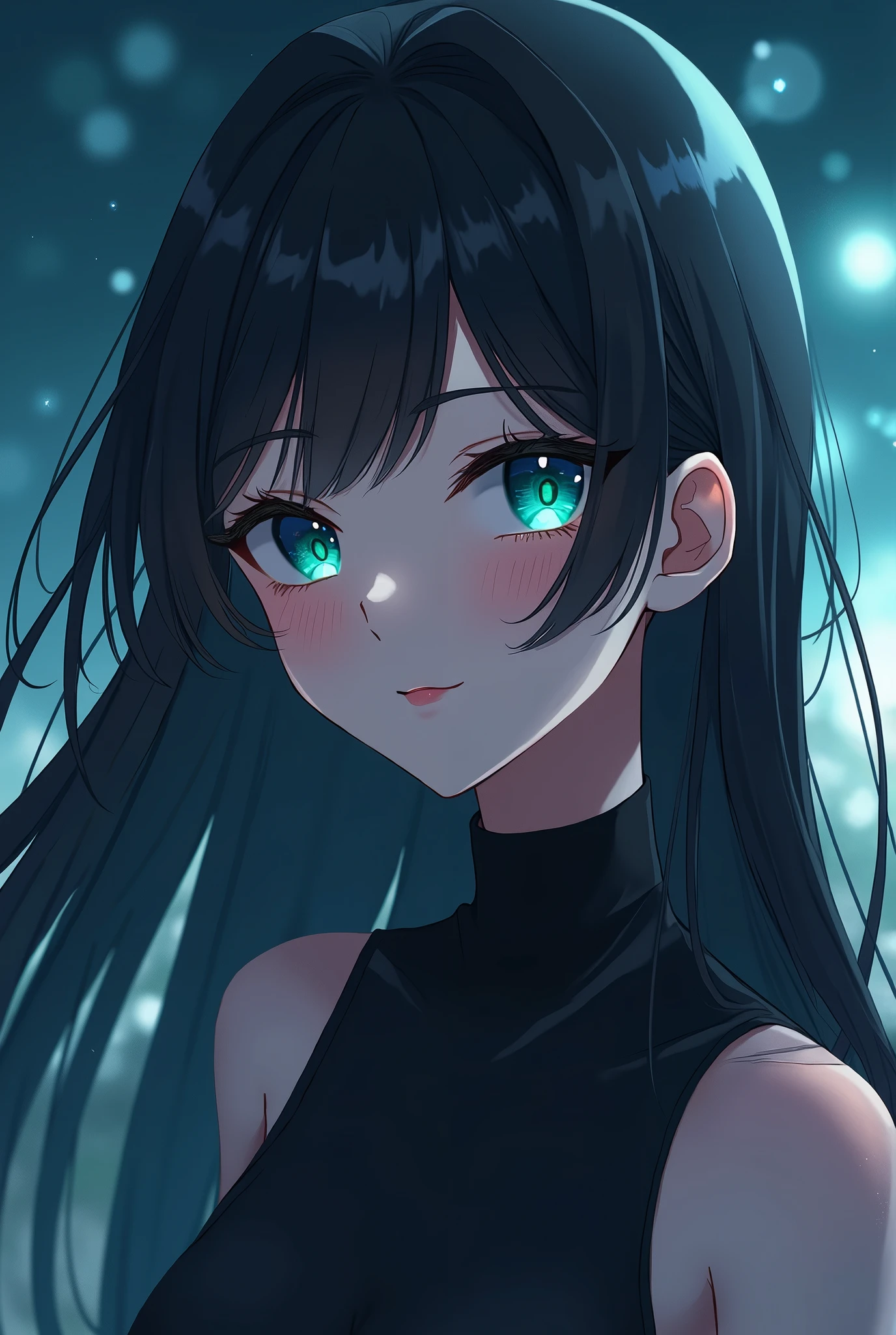 Description of the whole body, anime chainsaw man, Long black hair, woman, Emotionless eyes, Turquoise Eyes, Long eyelashes, Highlights of the night, perspective, nice, Calm expression, 8K quality, amazing, Smooth face, A soft smile, Half Body, Kind eyes, No scar, turtleneck