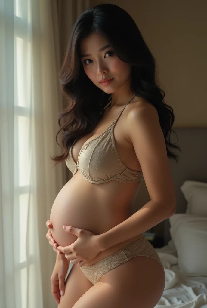 Sexy pregnant asian woman wearing sexy ultra thi thin bikini, bottom less ,full body toward, especially her thign