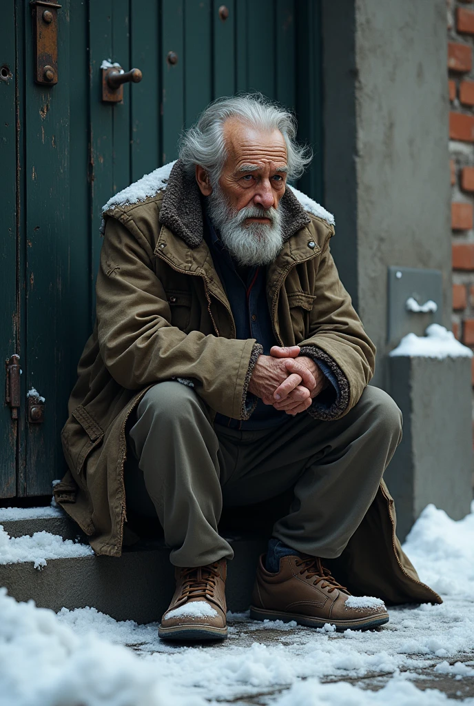 Mr. John is an elderly man in his late 70s, with a frail, thin frame. His face is weathered from years of hardship, with deep lines etched into his skin. He wears tattered clothes—an old jacket with holes, thin pants, and worn-out shoes. His beard is scruffy, and his hair is unkempt, showing the signs of living a difficult life on the streets. Mr. John outside his gate had succumbed to the cold.