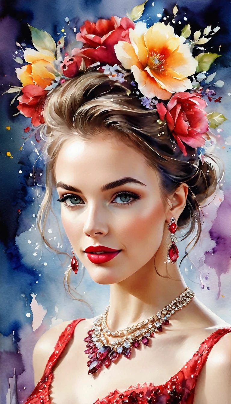 Watercolor-based paint, (((pictured from the knees up))) a masterpiece. beautiful realistic woman, detailed face, crystal clear amber eyes, red lipstick, flowing brown hair, delicate earrings and necklace, shiny red and black satin floral dress, exposed shoulders, flowers background, stunning image, watercolor bokeh hues background, UHD.