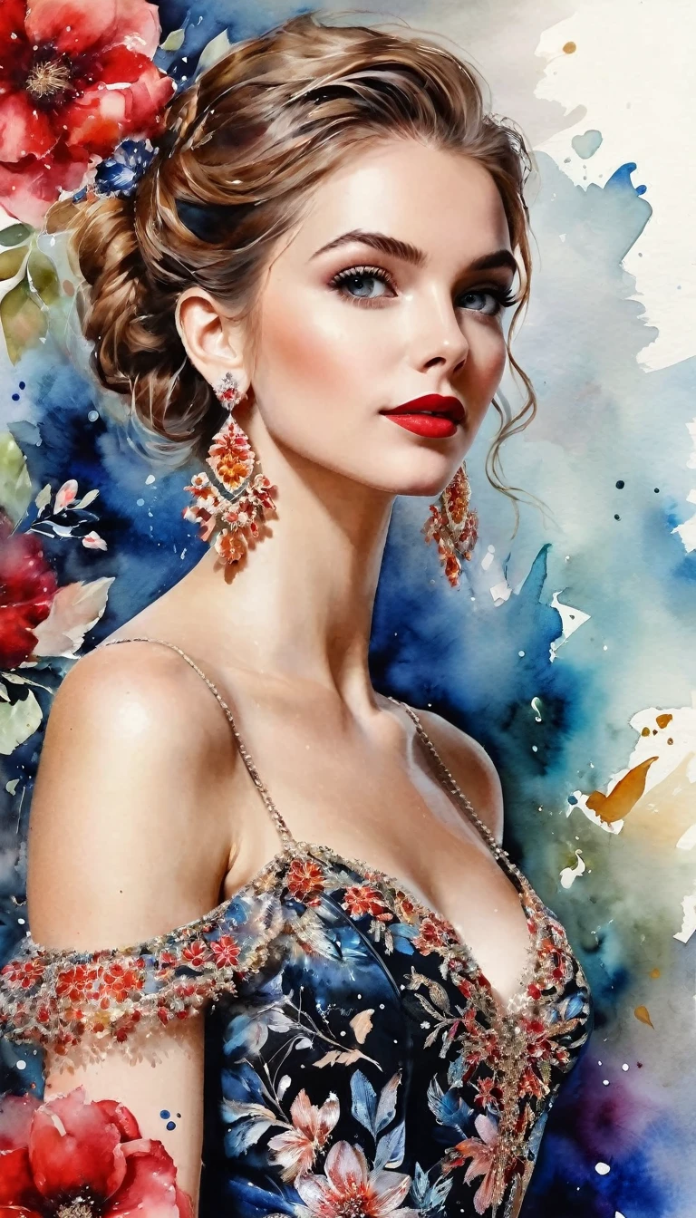 Watercolor-based paint, (((pictured from the knees up))) a masterpiece. beautiful realistic woman, detailed face, crystal clear amber eyes, red lipstick, flowing brown hair, delicate earrings and necklace, shiny red and black satin floral dress, exposed shoulders, flowers background, stunning image, watercolor bokeh hues background, UHD.