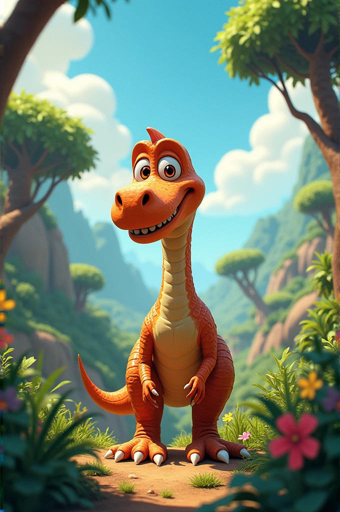 Animated dinosaur in landscape with caption martin delgado