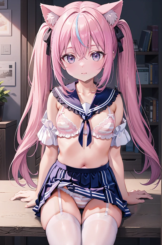 white stockings, pink lingerie, white striped underwear, Wear only underwear, skin