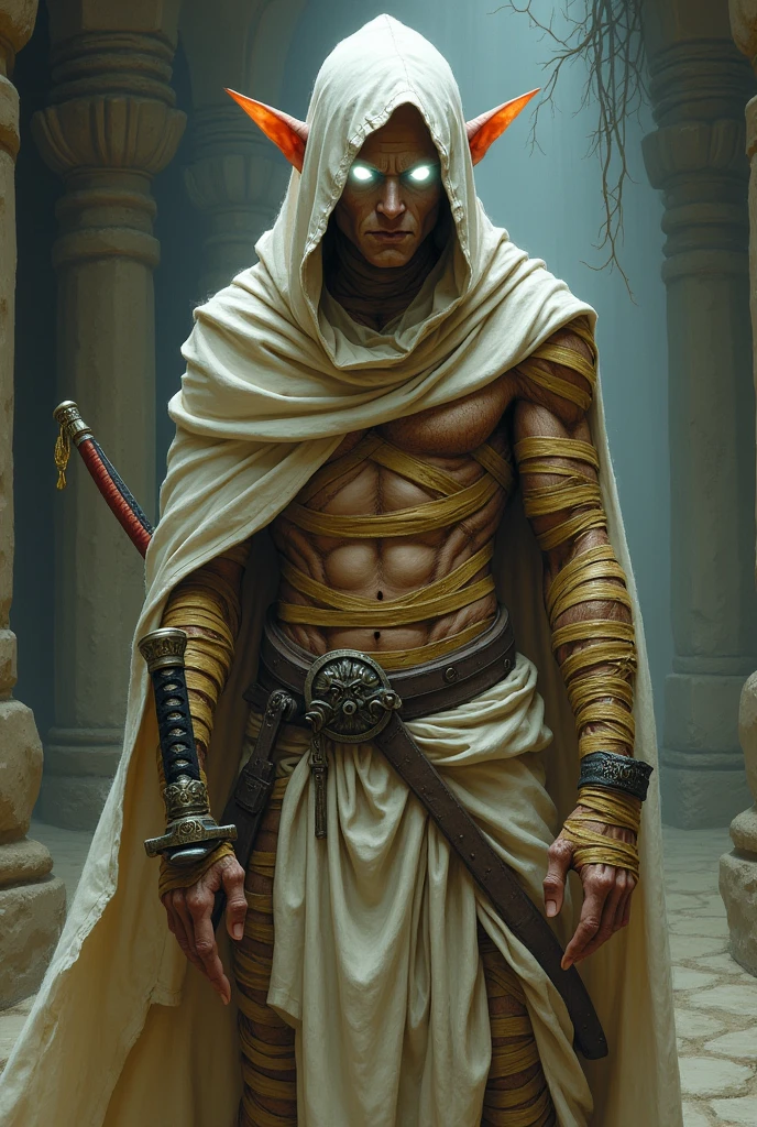 I wish you to create a male Elf wizard with his entire body in a state of deep mummification wearing a white hooded robe., where the mummified and much muscled belly appears, just as his prominent, pointy ears spill over his hood. And he holds a katana. In place of his eyes are two tiny, discreet, barely noticeable, luminous white orbs.. Her long blonde hair is now just a remnant.