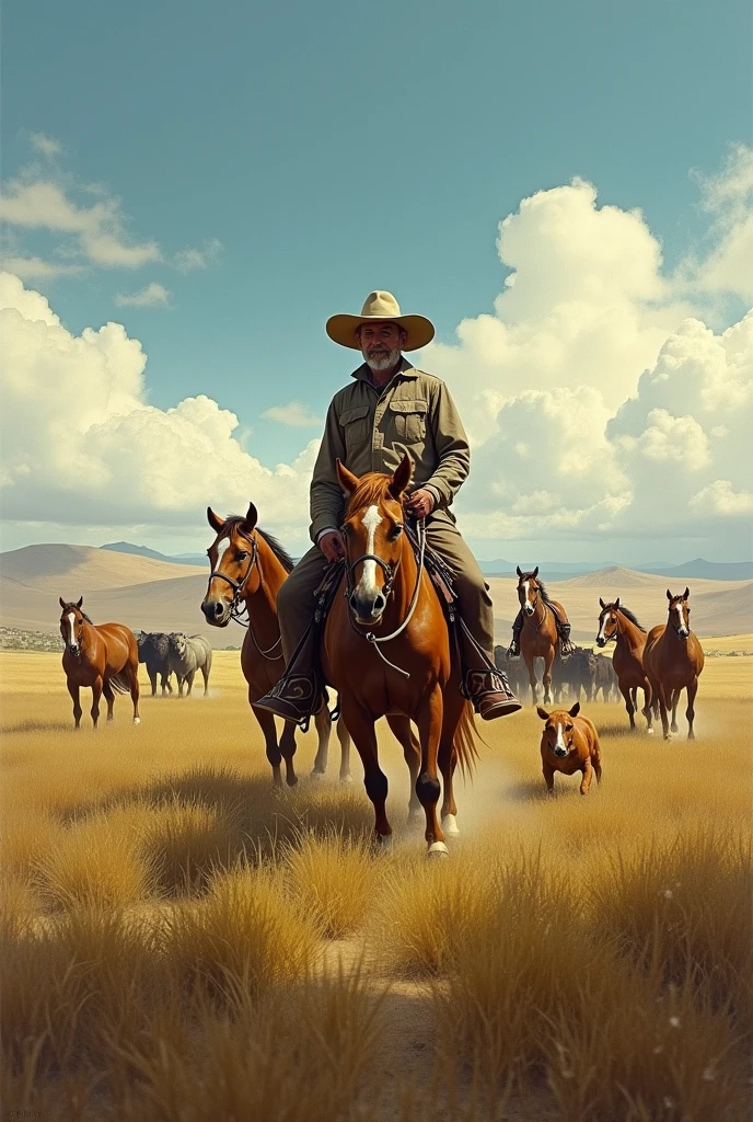 Create an image where there is a southern pampa field with horses and a gaucho, dogs and cattle in the field 