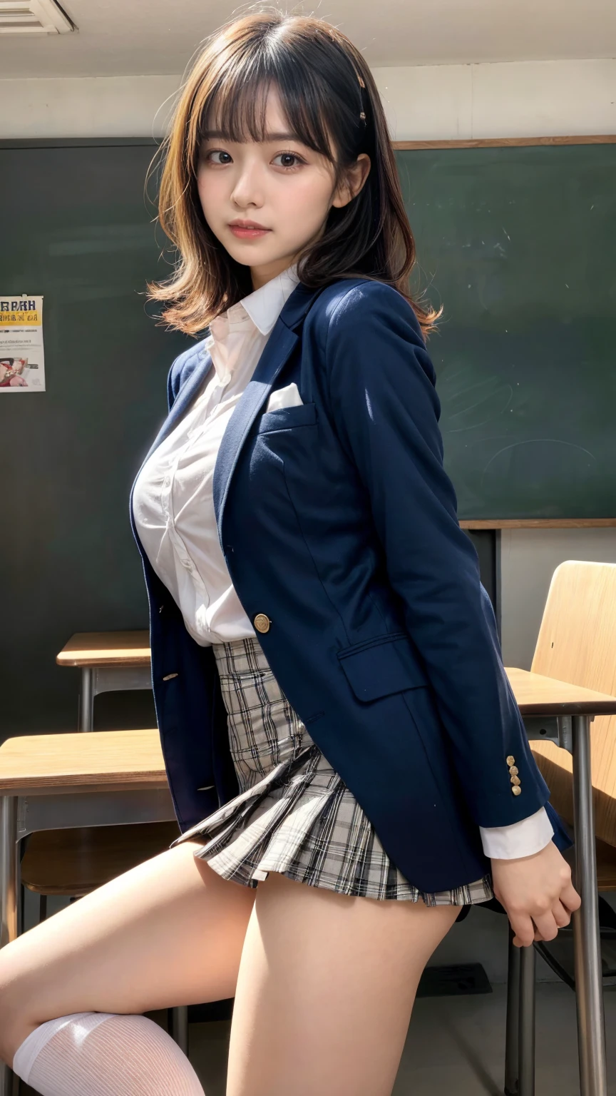 masterpiece, best quality, illustration, Super detailed, fine details, High resolution, 8K,wall paper, perfect dynamic composition,(Details High quality, realistic depiction of eyes:1.3), from side, High School Classroom、High school girl uniform、blazer 、Super Short Check Uniform Skirt、Navy blue high socks、garterbelts、Colossal tits、Disturbed uniform, short hair, (wavy hair:1.2), short bob hair, black hair color, large breasts, Big Natural Color Lip, acrobatic pose, perfect body shape, crying a little、Harajuku style、20 year old girl、cute type, beautiful legs, hposing Gravure Idol, Voluptuous thighs