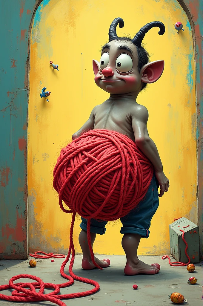 Create an image where a red yarn is coming out of a butt make it funny 