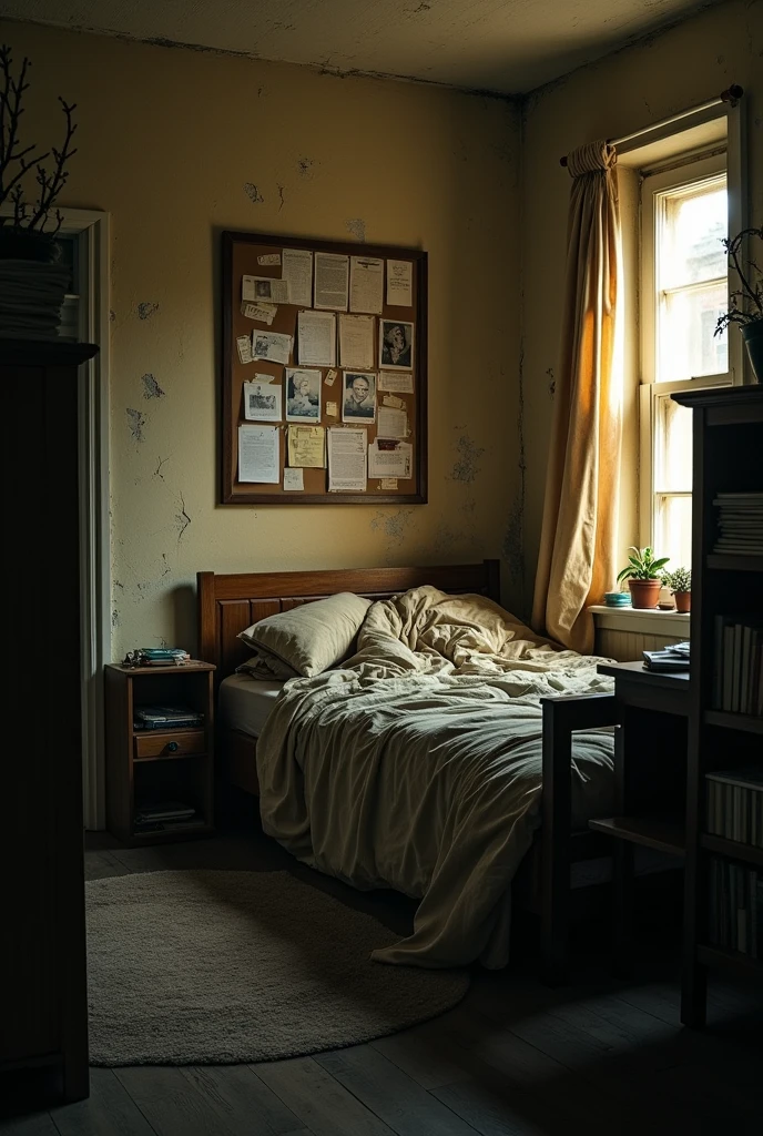 Create a dimly lit, small apartment room that exudes a sense of isolation and neglect. The room serves as both a living space and a bedroom, with a queen-size bed pushed against one wall, covered in rumpled sheets and blankets. The bed has a deep impression where someone lies often. A single window, partially covered by heavy, dark curtains, lets in a faint sliver of daylight, leaving the room mostly in shadow.

The walls are painted a dull, yellowed off-white, with cracks in the corners and peeling paint in some areas. A large bulletin board on one wall is cluttered with faded photos, notes, and reminders. In one corner of the room, there's a small wooden desk, cluttered with papers, an old laptop, and a bent-shaded lamp casting a weak light. The desk looks neglected, with dust collecting on its surface.

Next to the desk is a narrow bookshelf filled with a mix of books, some worn and others untouched. On the shelves are personal items like a framed photo, a small potted plant that has long since died, and a stack of unopened letters. An old, faded sofa with sagging cushions is pushed against the opposite wall, covered with a soft, worn blanket. A small coffee table in front of the sofa is cluttered with papers, takeout containers, and a half-empty mug of cold tea.

The floor is scattered with clothes and shoes, adding to the sense of disarray. The lighting is warm but dim, with the corners of the room in shadow, and the atmosphere feels heavy and slightly oppressive, reflecting a sense of isolation and mental struggle
