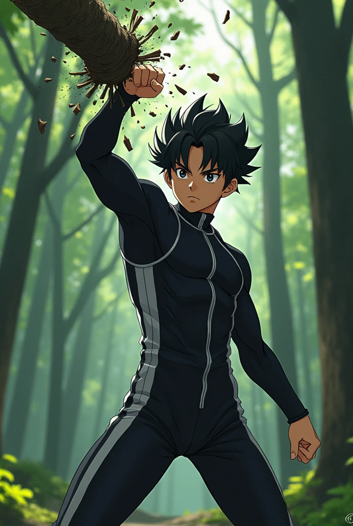 Young character anime man with black hair and black eyes serious with black clothes with white stripes in a forest breaking a tree with a single fist full body