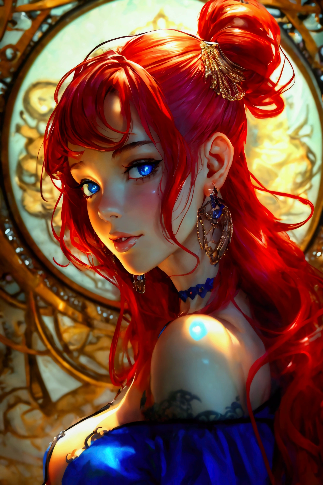 1girl, Dominican, Smile, Long Hair, Breasts, Blue eyes, Hair Between Eyes, Ponytail, Earrings, POV, Abstract, Art Deco, Award Winning, Quality, UHD, Brown Hair, long red boots, Crescent Earrings, Saliva, Drooling, Dutch Angle, Hair Ornament, Depth Of Field, Emphasis Lines, Chromatic Aberration, 3D Rendering, full body view