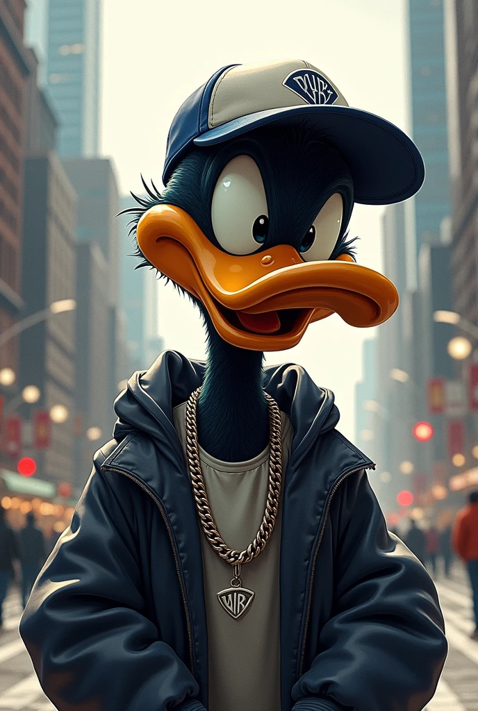 Daffy Duck realistic urban drawing with cap and chain