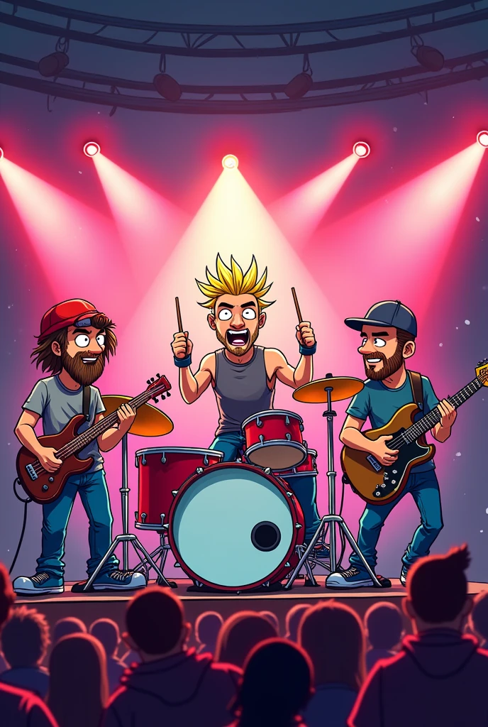 Draw in a cartoon way a music band during a concert with a drummer playing the drums in the middle with a short blond mullet, a guitarist on the left with shaved hair under a cap and a two days old beard, and a bass' musician on the left with shaved hair and a cap and a beard.