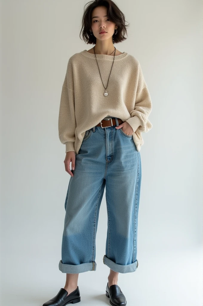 Baggy jeans with an oversized T-shirt or chunky sweater: For a relaxed and comfortable look, pair baggy jeans with an oversized T-shirt or chunky sweater. You can roll up the sleeves to create a looser fit, and accessorize with a belt, necklace, or earrings to bring some extra flair to the outfit