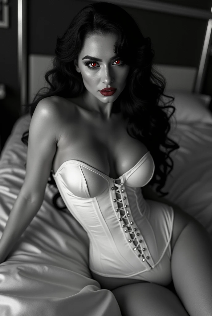fantasy art deco, black and white art,  glamours (vampire: 1.5) model shot, RAW, award winning, of an exquisite beautiful 1solo female vampire, ultra feminine, full body, busty woman, most beautiful face ultra detailed face, long hair, wavy hair, pale skin,  glowing (red: 1.3) eyes, wearing white: 1.5) silk corset, stockings, wearing high heels, lying in bed, light make up, modern day high society bedroom background, (black and white filter: 1.4), (anatomically correct: 1.4), 1960s photoshoot style, picture taken from dynamic range, vibrant, Ultra-high resolution, High Contrast, (masterpiece:1.5), highest quality, Best aesthetics), best details, best quality, highres, ultra wide angle, 16k, [ultra detailed], masterpiece, best quality, (extremely detailed), Intense Gaze