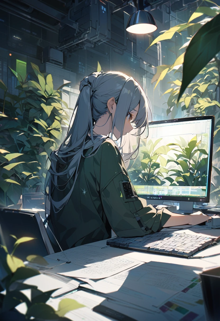 Beautiful office、Woman from behind、programming、bright、Sharp light source、Foliage plant