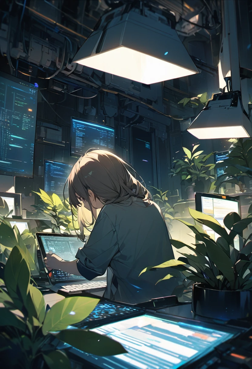 Beautiful office、Woman from behind、programming、bright、Sharp light source、Foliage plant