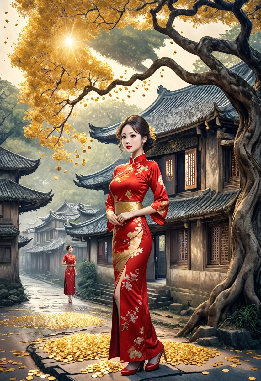 Young woman with a beautiful face. One hand on the waist. The other hand was throwing gold coins. She is wearing a cheongsam. She is standing on the left side of the picture, behind her is a large tree. Next to the tree is an old house.