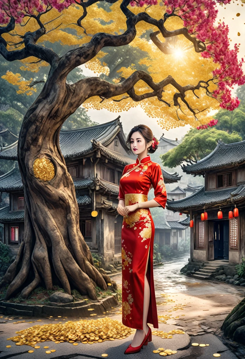 Young woman with a beautiful face. One hand on the waist. The other hand was throwing gold coins. She is wearing a cheongsam. She is standing on the left side of the picture, behind her is a large tree. Next to the tree is an old house.
