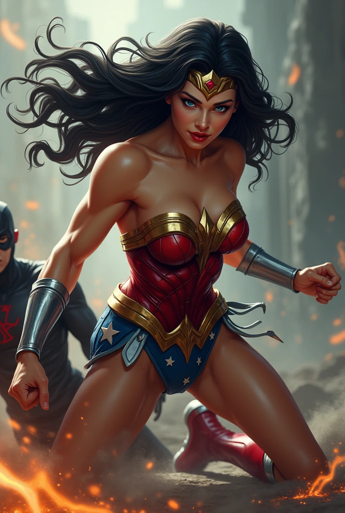 A toned athlete, muscular, blue eyes, black hair Wonder Woman in Wonder Woman’s tiara, red and gold bustier, blue leotard with white stars, ((silver wrist bracelets:1.2)), ((Red knee high boots:1.2)), golden belt with athletic and muscular body is punched and falling to the ground by Reverse flash in black costume. (Perfect anatomy), (masterpiece:1.2), (best quality:1.2), intricate details, Muted Tone, Delicate, Detail, sharp focus, perfect hands, perfect face, perfect eyes, perfect light, dynamic light, natural light