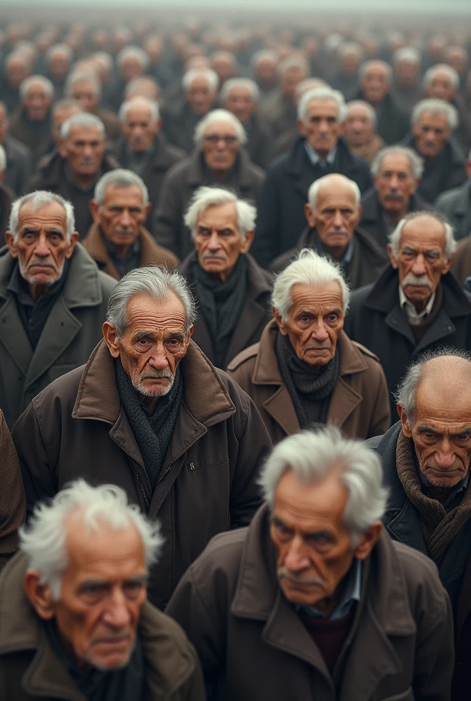 a crowd of countless elderly people of white, black, Asian ethnicity, with more muted colors in the image