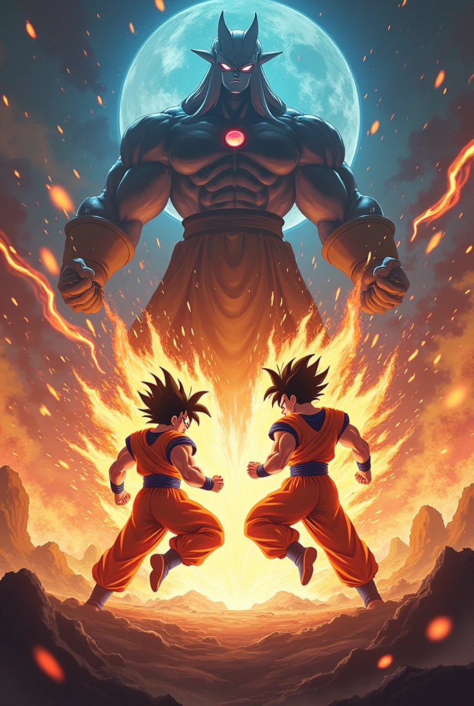 Goku with divine power fighting Vegeta with dark power (infinite eclipse) and zeno in his most powerful form
