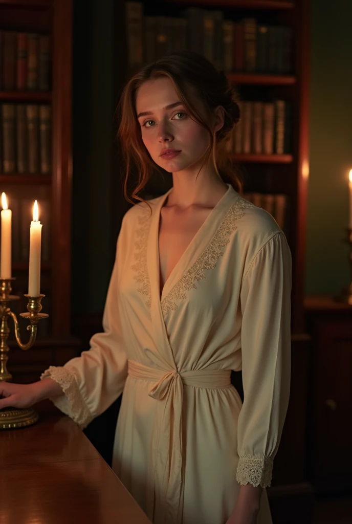 "A beautiful young maid from the late 19th century is alone in the dimly lit library of a grand Georgian-style mansion. She is dressed in simple yet modest sleepwear, consisting of a light-colored, ankle-length nightgown and a delicate robe tied loosely at the waist. Her chestnut brown hair is slightly tousled, with a few strands falling softly around her square-shaped face, adding to her natural beauty. Her expressive green eyes reflect a mix of concentration and unease as she carefully arranges books on the shelves and prepares to extinguish the lights. The room is filled with the warm glow of the remaining candles, casting soft shadows on the polished wooden furniture and the rows of books, creating an intimate and slightly tense atmosphere. Violet’s posture is graceful, yet there is a subtle tension in her movements as she tries to complete her tasks quickly, feeling a bit self-conscious about her attire in such an elegant and formal setting."