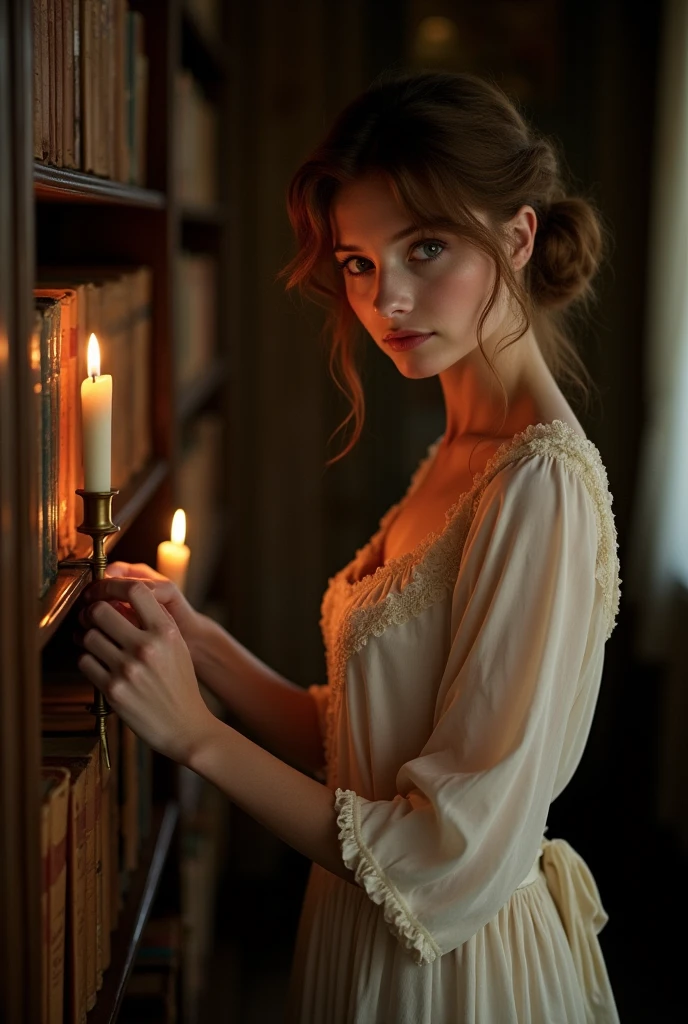 "A beautiful young maid from the late 19th century is alone in the dimly lit library of a grand Georgian-style mansion. She is dressed in simple yet modest sleepwear, consisting of a light-colored, ankle-length nightgown and a delicate robe tied loosely at the waist. Her chestnut brown hair is slightly tousled, with a few strands falling softly around her square-shaped face, adding to her natural beauty. Her expressive green eyes reflect a mix of concentration and unease as she carefully arranges books on the shelves and prepares to extinguish the lights. The room is filled with the warm glow of the remaining candles, casting soft shadows on the polished wooden furniture and the rows of books, creating an intimate and slightly tense atmosphere. Violet’s posture is graceful, yet there is a subtle tension in her movements as she tries to complete her tasks quickly, feeling a bit self-conscious about her attire in such an elegant and formal setting."