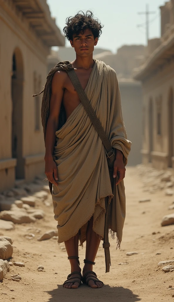 Young Epictetus as a Slave:
Prompt: "A young man dressed in ragged, worn-out clothes, carrying heavy loads on his shoulders. He has a calm and focused expression despite the hardship. The scene is set in a dusty, rough environment, with simple stone buildings in the background, representing a life of slavery."