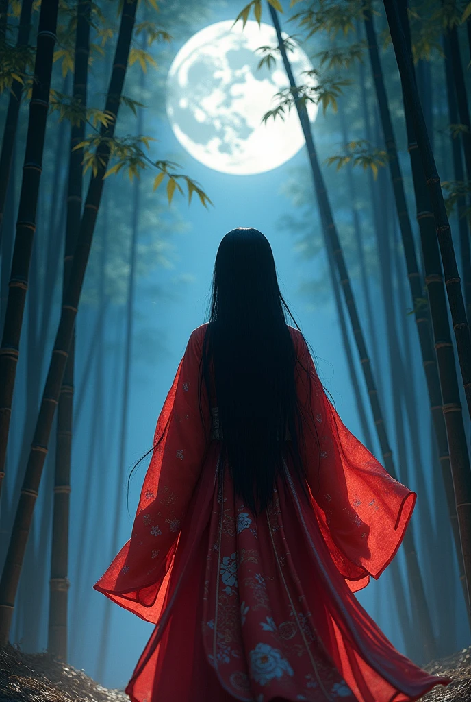 lndia of Kaguya, (heian red:1.1) japanese clothes, wide sleeves, red (karaginumo:1.1), layered kimono, 1girl, solo, black hair (hime cut:1.2) very long hair spread out, (standing, frombehind), beautifully, aesthetic, wide shot, cinematic lighting, ultra wide angle, moonlight, starry sky, bamboo forest  Make the front panel