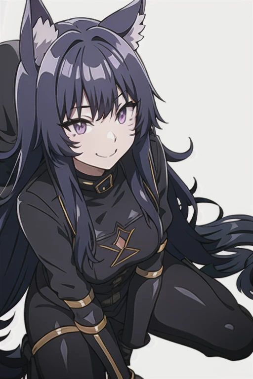 bodysuit, black bodysuit, delta, long hair, black hair, animal ears, purple eyes, cat ears, animal ear fluff, facial mark,smile, cloak, cape