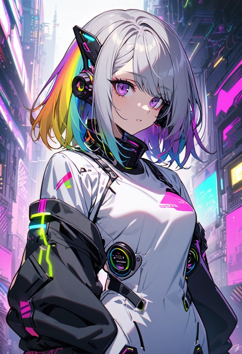good looking, alone, 1 female, Medium Hair, Gray Hair, Rainbow Hair, Purple eyes, White clothes, Futuristic, cyber punk, Cybernetic, neon, Scientist