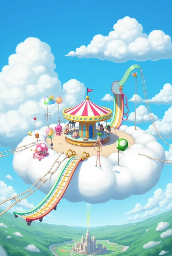 Spreading out into the deep blue sky、On top of the fluffy cloud。it's like a giant cotton candy amusement park、colorful fun attractions galore！ a spinning merry-go-round, and、A rainbow slide、飛び跳ねるmeloncatなど、Just looking at it makes me smile。From the gap in the clouds、a view of the green Mushroom Kingdom、I can hear some fun music。Beautiful game world, Fantasy, cloud, amusement park, Merry-go-round, slide, meloncat, Mushroom Kingdom, fun