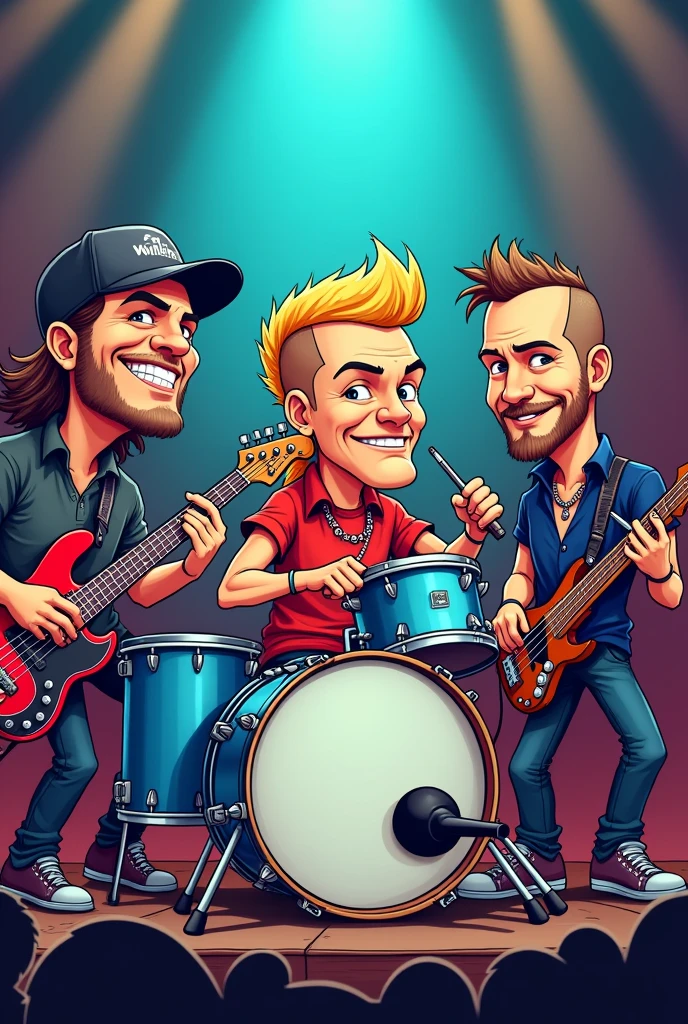 Draw in a cartoon way a music band during a concert with a drummer playing the drums in the middle with a short blond mullet, a guitarist on the left with shaved hair under a cap and a two days old beard, and a bass' musician on the left with shaved hair and a cap and a beard.