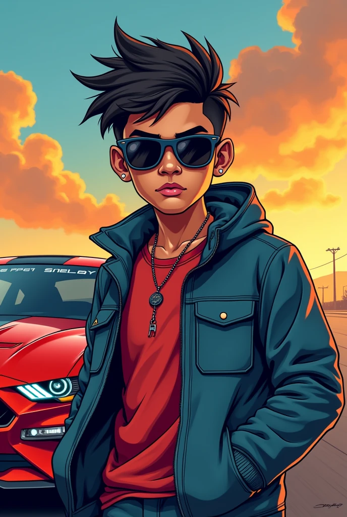 15 year Indian boy gangta look rayban on face mustang shelby 2022 car
on background. Cartoon vector