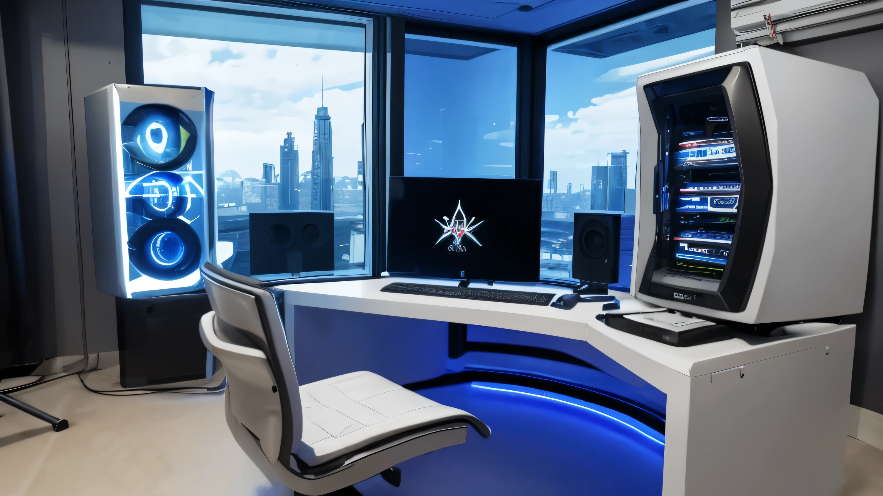 scifi, futuristic white pc gaming room, 3 curved monitors, futuristic, hightech, hard-surface design, daylight, much tech, much electronic, very cozy, ambient light, realistic view, wide angle, year 2224