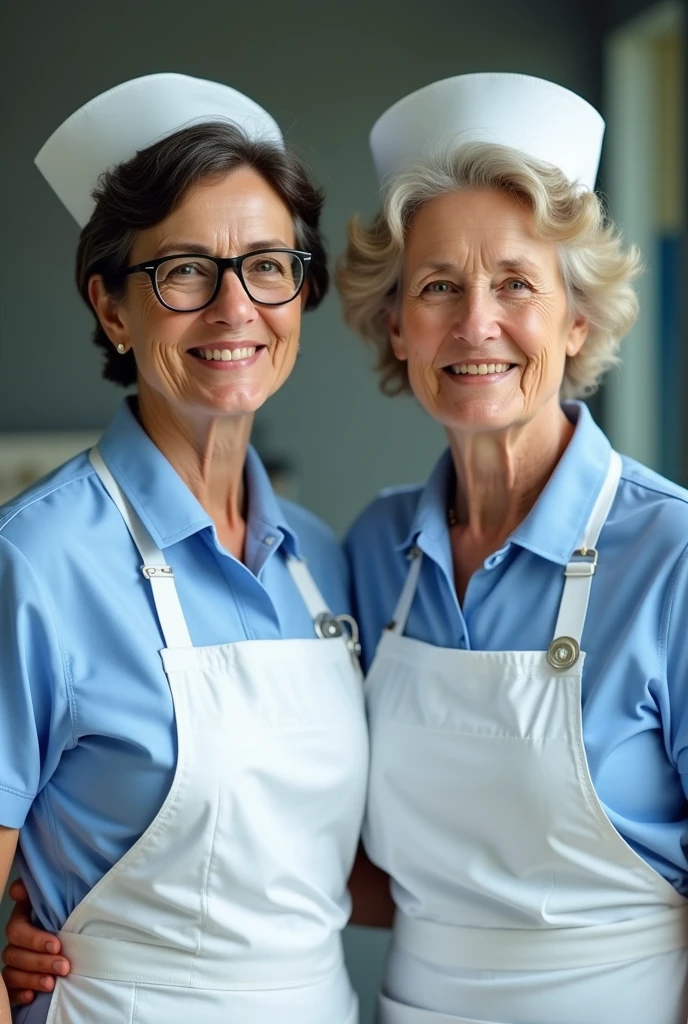 Two 60-year-old nurses, Women, one is wearing glasses and has short dark hair wearing old nursing clothes, the other with short curly light hair wearing nursing clothes