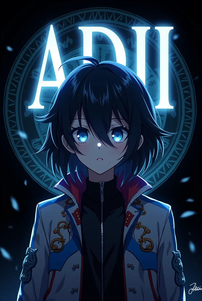 Create an image with a black background featuring a dangerous pattern. Include a adii white glowing text in background . Add an boy anime character with medium hair covering half of their face, wearing a Demon Slayer jacket in attractive colors. The character should have blue eyes, giving off a mysterious and intense vibe." For Instagram dp background text adii