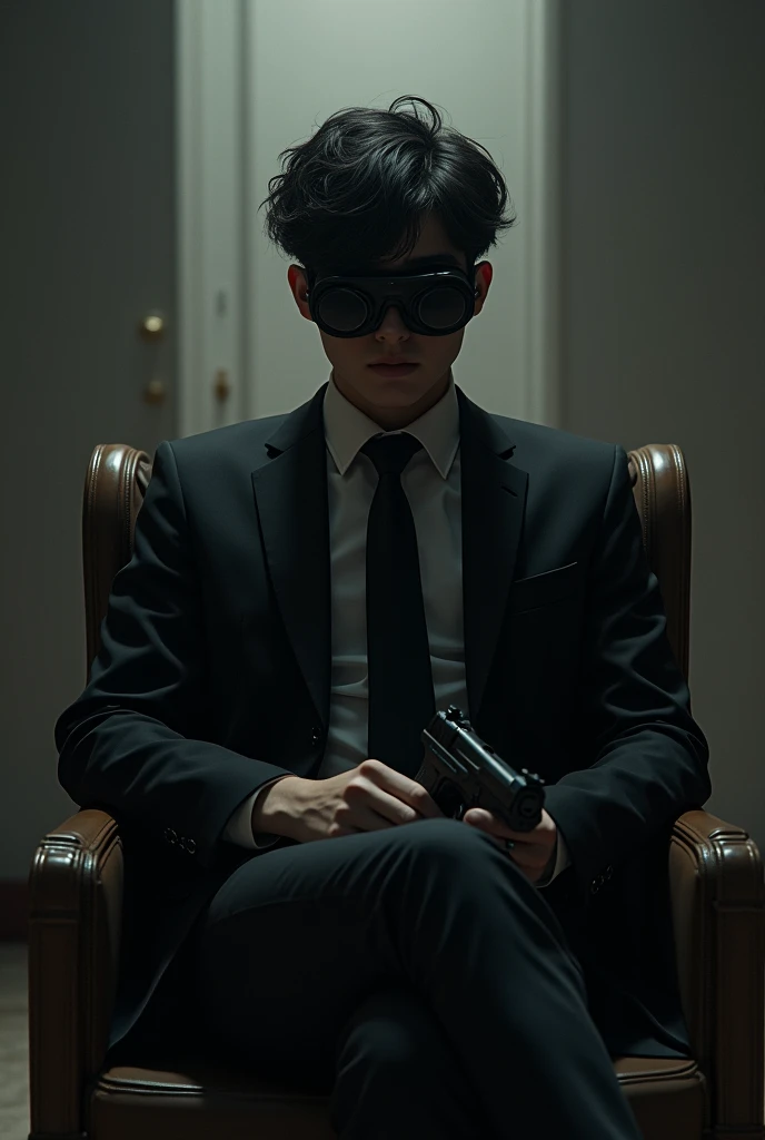 In the age  of  young boy 19 sitting in the chair with black suit and google with gun