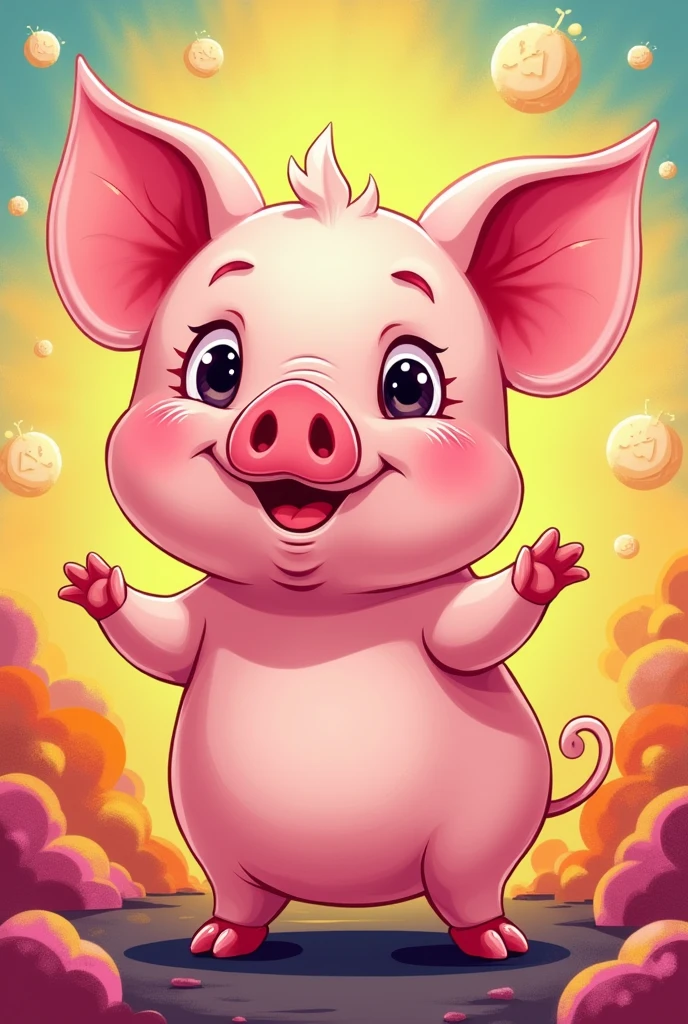 A young pig in a tumbnail art for a YouTube video explaining facts about pigs. With lots of color and fun.