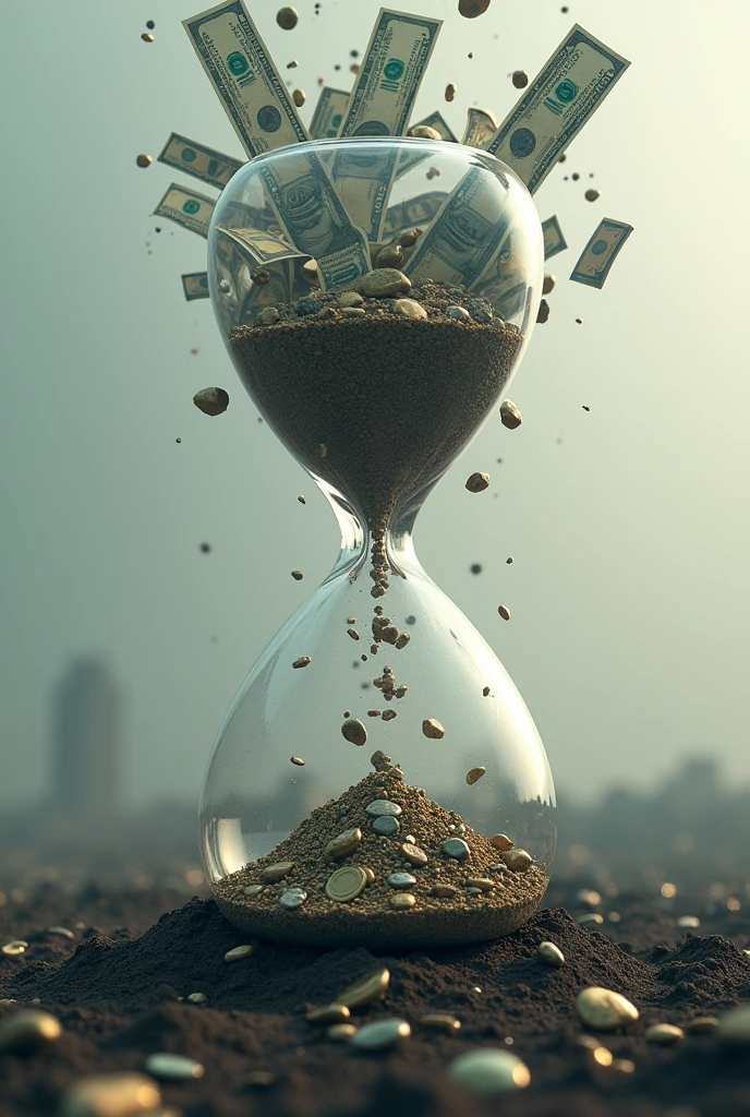 An hour glass in which money ,cars, building, jewellery are falling into the open grave