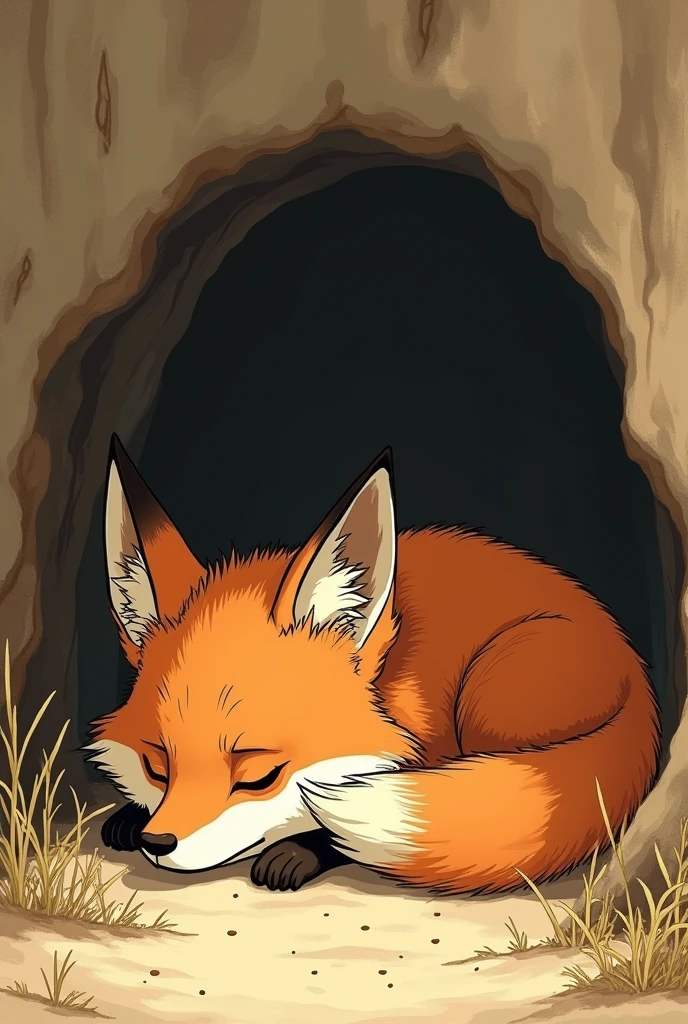 Draw an illustration of a fox regretting its den to match Nankichi Niimi's "Gon the Fox"。
Don't forget you're in the burrow。
I want it to look like it's lying face down.、I wish it had a more child-friendly feel.。
With a troubled expression。