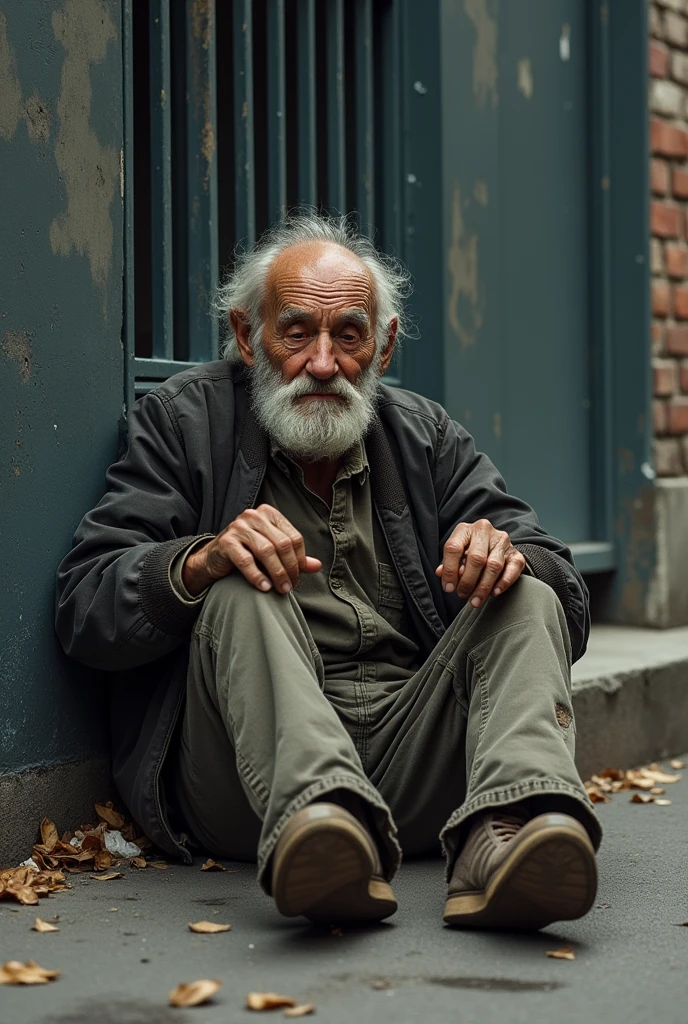 Mr. John is an elderly man in his late 70s, with a frail, thin frame. His face is weathered from years of hardship, with deep lines etched into his skin. He wears tattered clothes—an old jacket with holes, thin pants, and worn-out shoes. His beard is scruffy, and his hair is unkempt, showing the signs of living a difficult life on the streets. Mr. John outside his gate sleep on the ground
