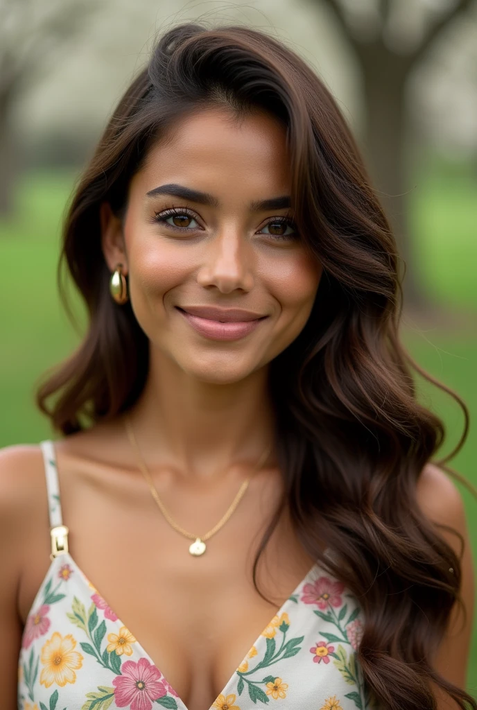 Beautiful Latina woman with a medium to dark skin tone, wearing a light and colorful dress with floral patterns (20 years old, innocent face, naturally wavy hair, brown eyes), upper body selfie, masterpiece, superior quality, ultra-detail. She is facing forward, her hair falling in natural curls around her face, framing her large brown eyes that shine with curiosity. Her smile is sweet and sincere, with her mouth closed, no teeth showing. In the background, a lush green park with flowering trees adds a touch of freshness to the scene. The sunlight gently caresses her face, accentuating the softness of her features. The photo is taken in portrait mode, capturing every detail with exceptional sharpness. She also wears delicate jewelry, such as gold earrings and a thin necklace, adding a touch of elegance to her appearance. Her nails are manicured and painted in a pastel color, completing her refined look. Ensure the skin tone of her face matches the rest of her body. Add natural skin textures and slight imperfections to enhance realism.