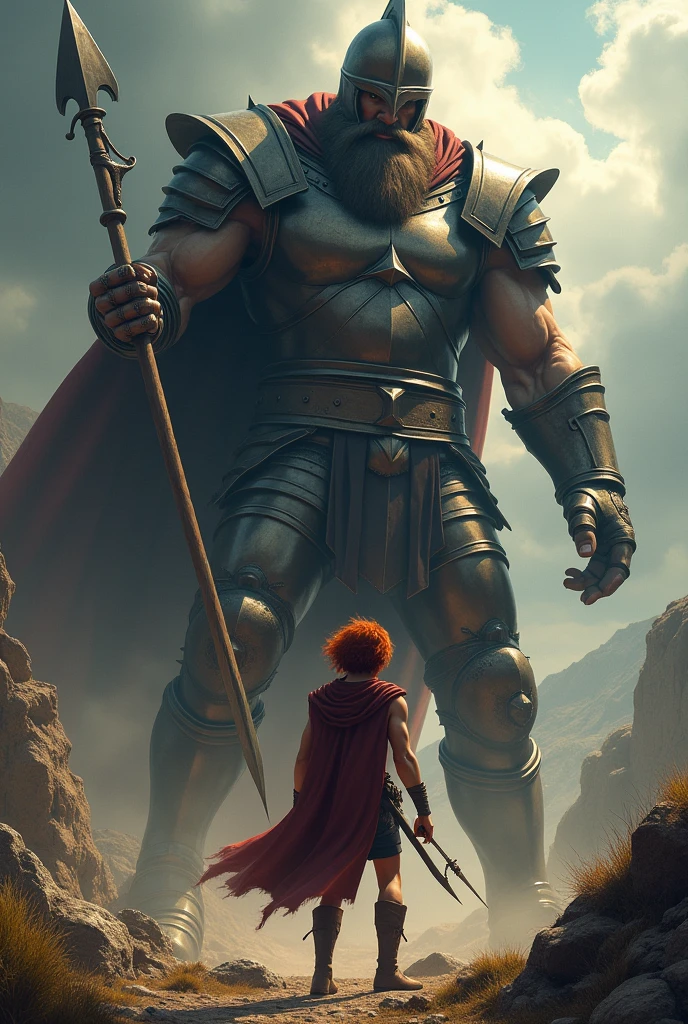 David, a strong red-haired man, facing Goliath