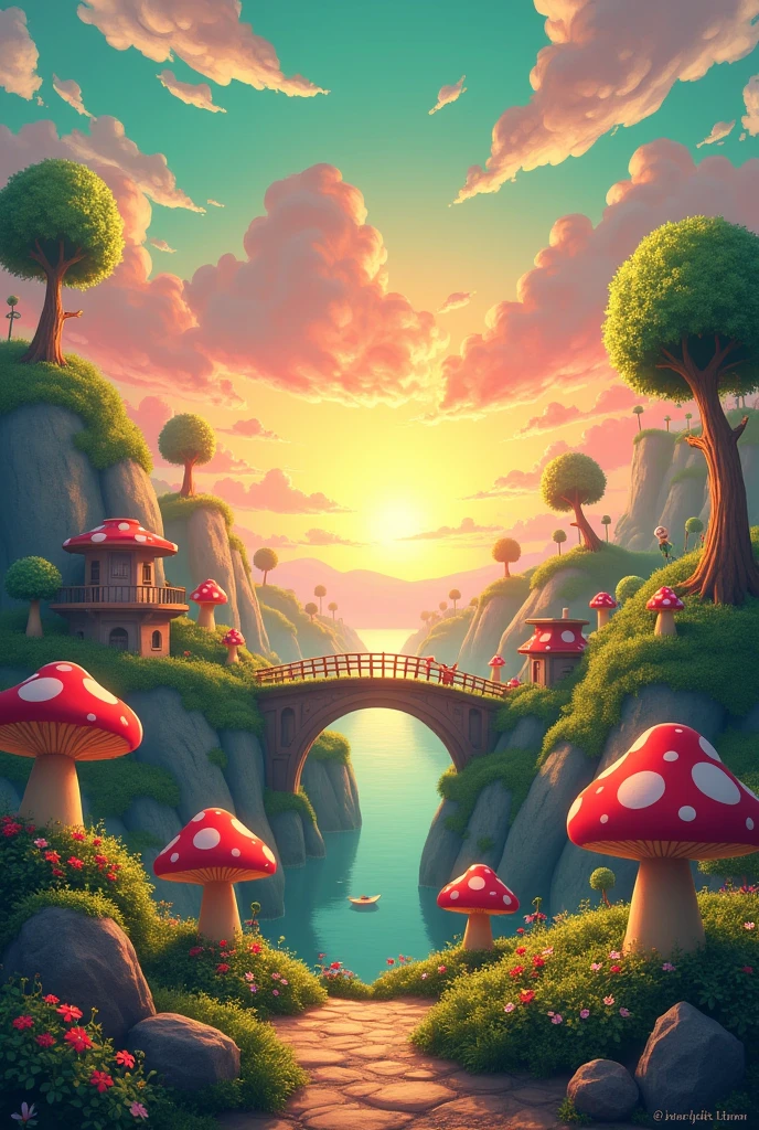 In the Mushroom Kingdom, looking at the horizon, sunset, Mushroom Kingdom background with a rainbow bridge, colourful sky with green, pink, blue and purple