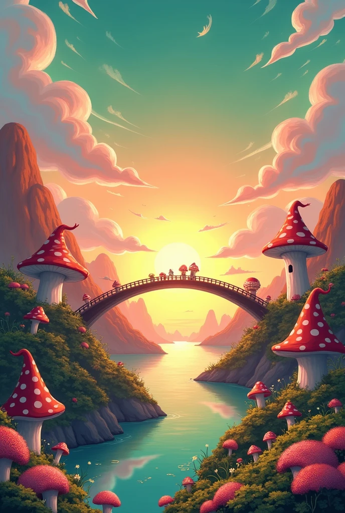 In the Mushroom Kingdom, looking at the horizon, sunset, Mushroom Kingdom background with a rainbow bridge, colourful sky with green, pink, blue and purple