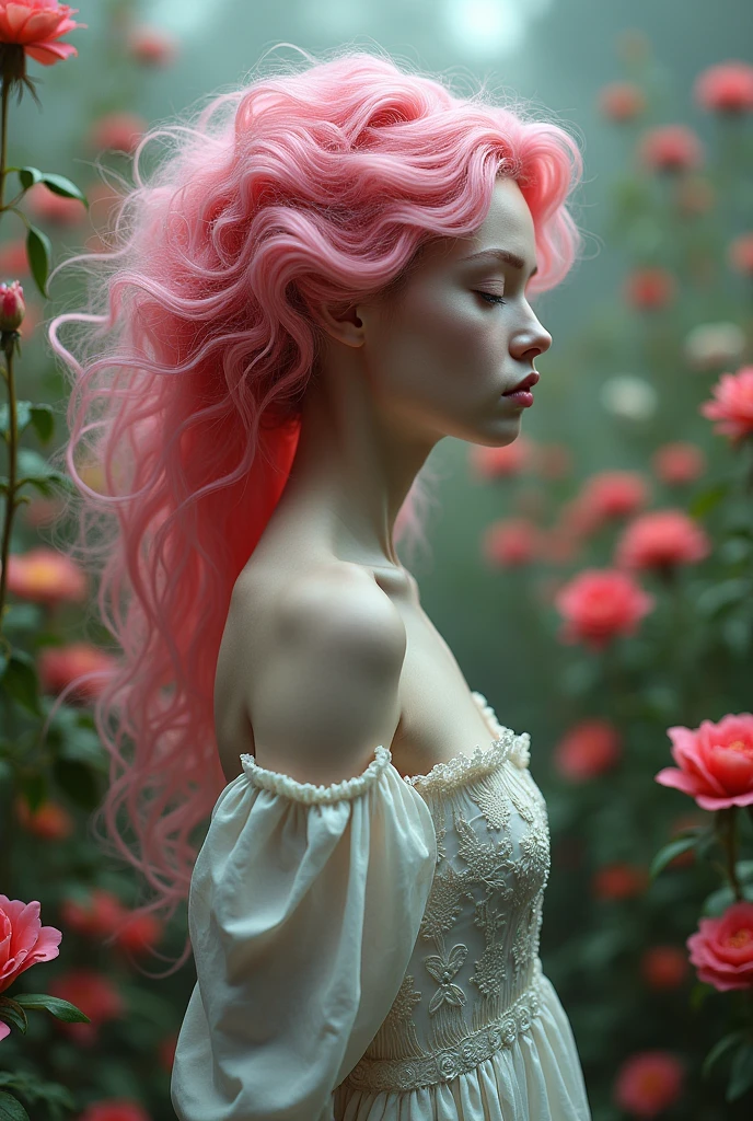 A delicate with a cascade of curly pink hair, standing in a garden of vibrant blooms., sf, intricate artwork masterpiece, ominous, matte painting movie poster, golden ratio, trending on cgsociety, intricate, epic, trending on artstation, by artgerm, h. r. giger and beksinski, highly detailed, vibrant, production cinematic character render, ultra high quality model