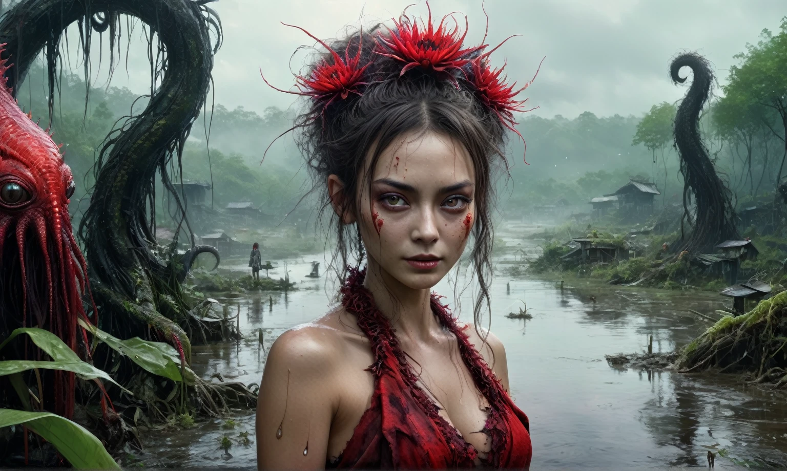 heght view on himera babygirl assassin,elf,pretty face,eyebrow up,full body shot,ominous landscape,glate gray atmosphere,prime colors,wariza,extremely detailed, [night],masterpiece,intricate details,faded,eyes extremely detailed, high detailed eyes,4k resolution,RAW, Nikon Z9,scary swamp beach,family nudism,view from height,The Walking Dead,native japan dead city,modern London,swamp,jungle,witch,hard rain,Smiling,Bun Hair,(Folk clothes:1.5), long dress, pronounced feminine feature, insane details, intricate details, hyper-detailing, Complex background, ,full-body-shot,Very tall, Cinematic,Muted colors, Technicolor,natural skin textures, hyper realisitc, hyper detailed,Extremely detailed,High contrast,Masterpiece,Realistic,Ultra Detailed,intricate details,realistic humid skin,extremly intricate,Epic Realistic, Romantic, cinematic style,by art irina yermolova,orc, messy hair,luminous eyes,extremely detailed, [night landscape],masterpiece,intricate details,faded,eyes extremely detailed, high detailed eyes,4k resolution,RAW, Nikon Z9,by jimmy chin,by art Simon Stalenhag,Nicola Samori,Wangechi Mutu,Lisa Frank,Magical plant from the abyss, the ghost flower, ghost flower,Blood-red tentacles stare at the dead，carismatic，Incredible，terror
